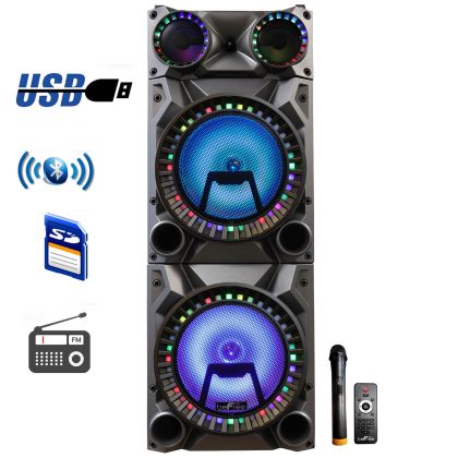 beFree Sound Rechargeable Bluetooth 12inch Double Subwoofer Portable Party Speaker with Dual Layer Reactive Party Lights