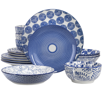 Elama Aurora 16 Piece Assorted Porcelain Double Bowl Dinnerware Set in Blue