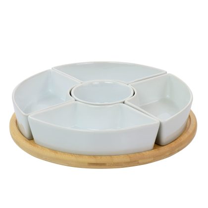 Gibson Elite Gracious Dining 6 Piece Tidbit Dish Set with Rotating Wood Base