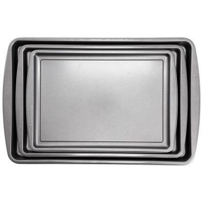 Gibson Home Love To Bake Nonstick Steel Jelly Roll 3 Piece Baking Sheet Set in Gray