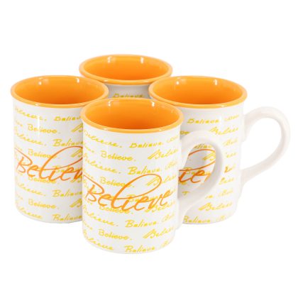 Gibson Home Inspirational Words Believe 4 Piece 16 Ounce Stoneware Mug Set in Orange