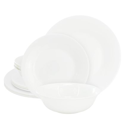 Gibson Ultra White Shadow 12 Piece Opal Glass Dinnerware Set in White