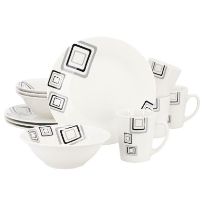 Gibson Home Black Squares 12 Piece Round Fine Ceramic Dinnerware Set in White
