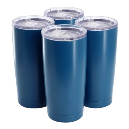Gibson Home Marina 4 Piece 18 Ounce Double Wall Stainless Steel Thermal Tumbler with Acrylic Lid in Matte Blue