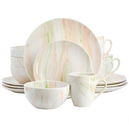 Elama Fine Marble 16 Piece Porcelain Dinnerware Set in Orange and Green
