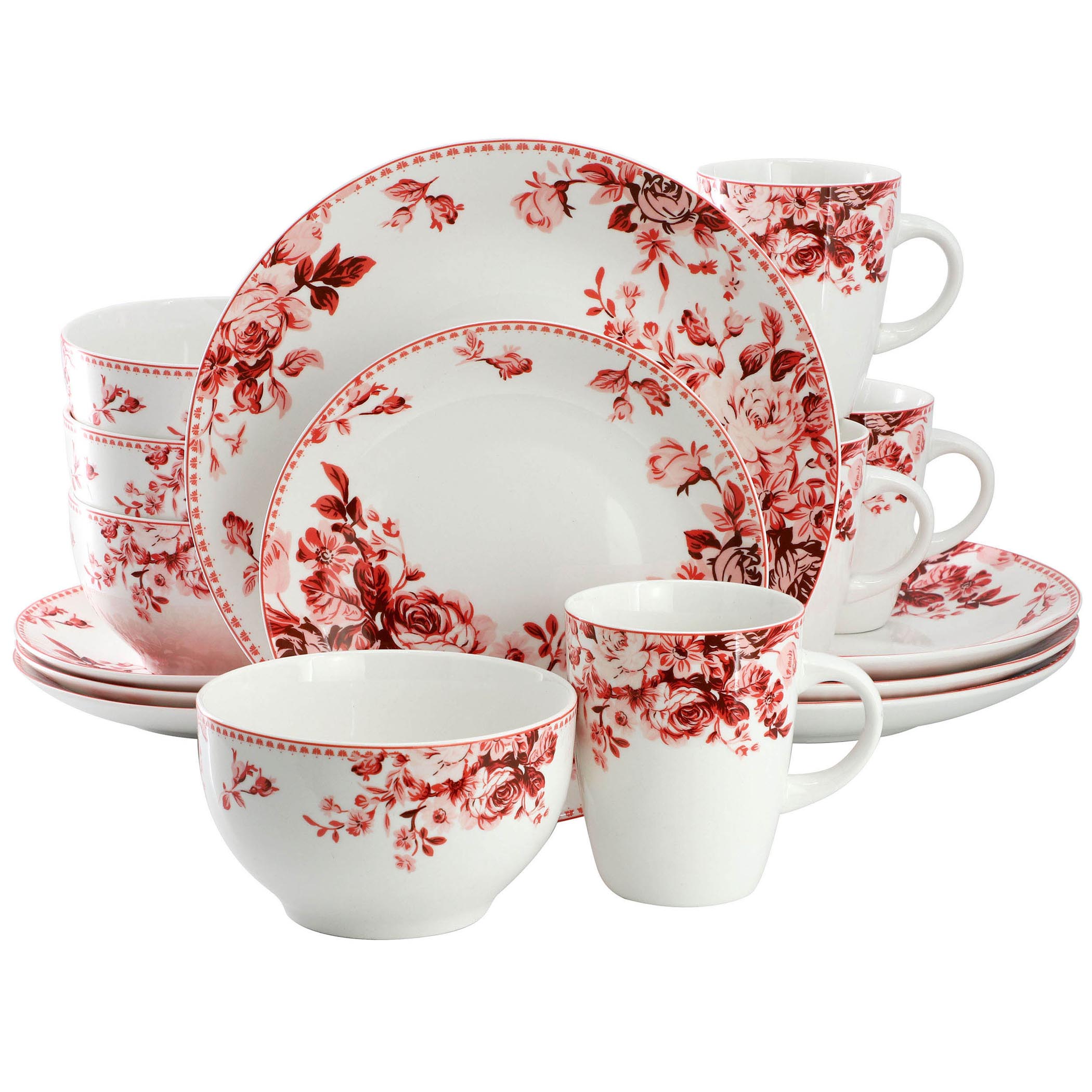 Elama Traditional Red Rose 16 Piece Stoneware Dinnerware Set