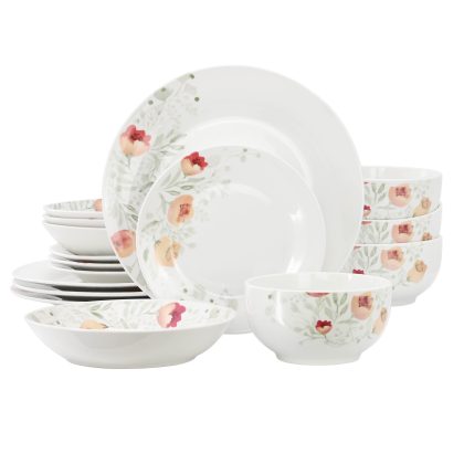 Elama Poppy 16 Piece Porcelain Double Bowl Dinnerware Set