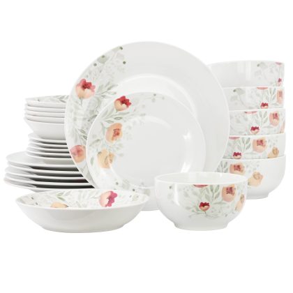 Elama Poppy 24 Piece Porcelain Double Bowl Dinnerware Set