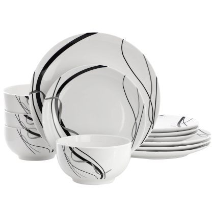 Elama Sarah 12 Piece Porcelain Black Ribbon Dinnerware Set