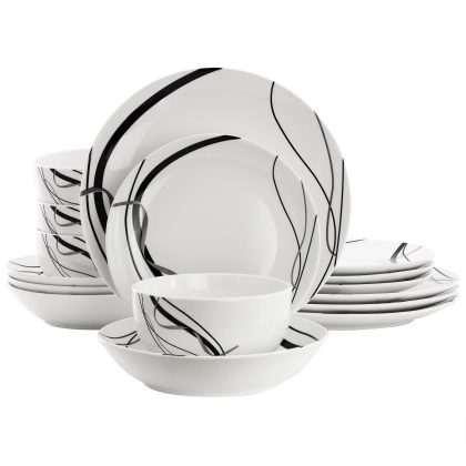 Elama Sarah 16 Piece Porcelain Black Ribbon Double Bowl Dinnerware Set