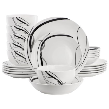 Elama Sarah 24 Piece Porcelain Black Ribbon Double Bowl Dinnerware Set