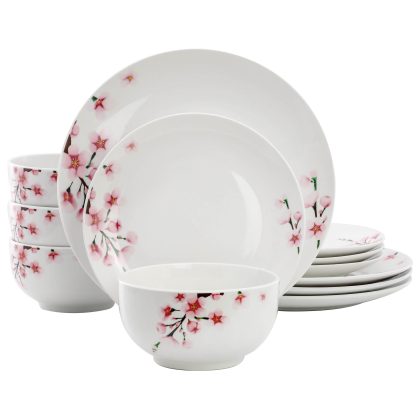 Elama Tamara 12 Piece Cherry Blossom Porcelain Dinnerware Set