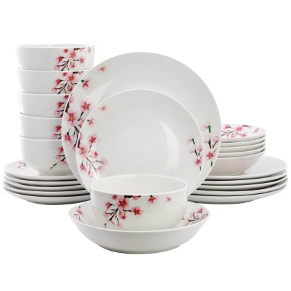 Elama Tamara 24 Piece Cherry Blossom Porcelain Double Bowl Dinnerware Set