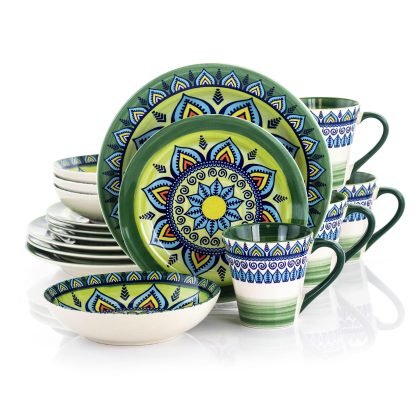 Elama Zen Green Mozaik 16 Piece Luxurious Stoneware Dinnerware with Complete Setting for 4