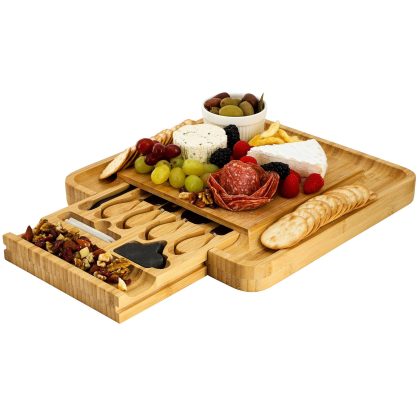 MegaChef Bamboo Charcuterie Cheese Board with Slide Out Drawer with Cheese Utensils