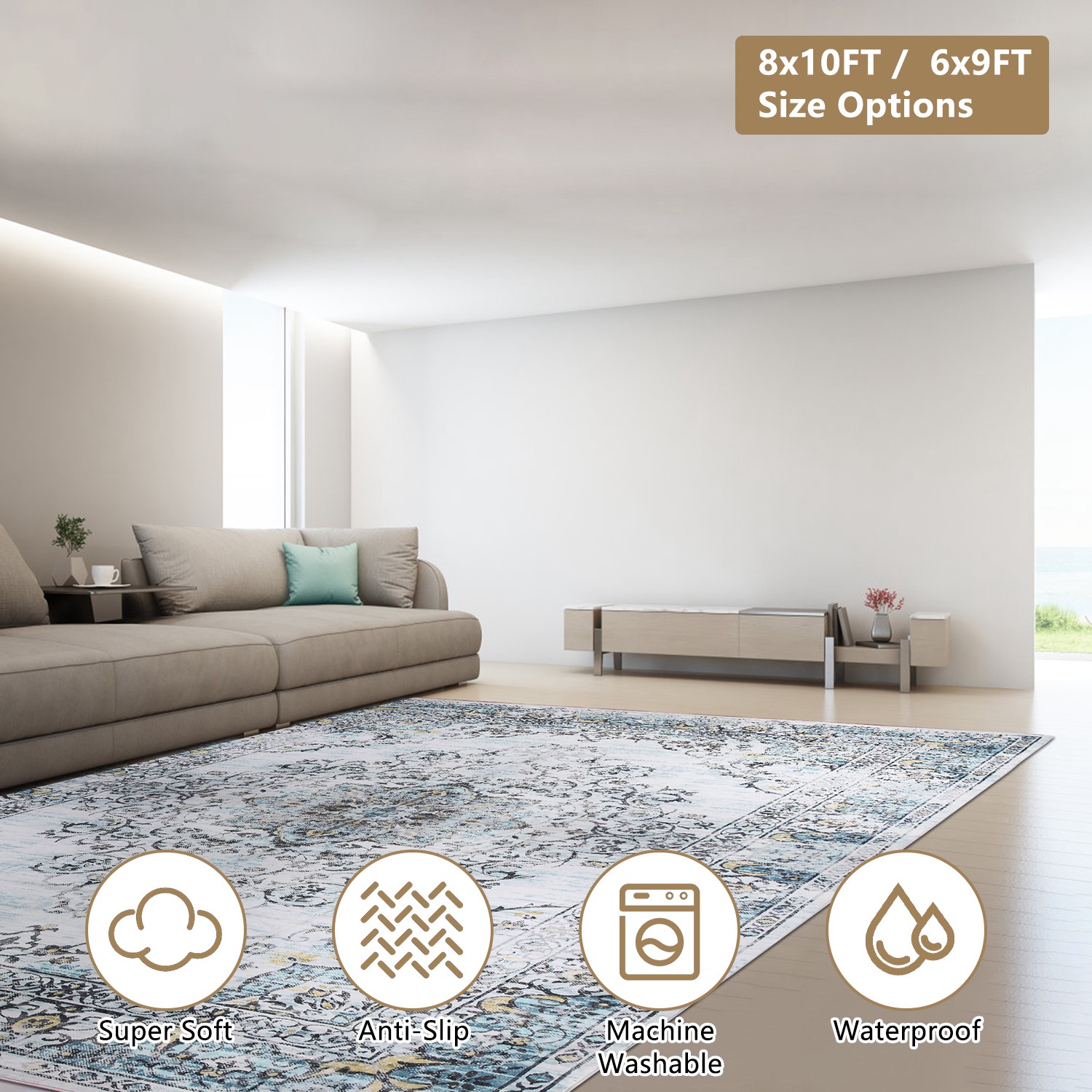 8x10FT Vintage Area Rug Modern Non Slip Carpet Boho Low Pile Soft Rug Waterproof Machine Washable Rug for Living Room Bedroom Kitchen Dining Room Unde - Image 7
