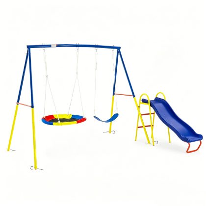 3 in 1 Swing Set with Slide for Backyard, Outdoor Playground Set with 33 Inch Saucer Swing, Belt Swing and Kids Slide, Heavy Duty A-Frame Steel Swing