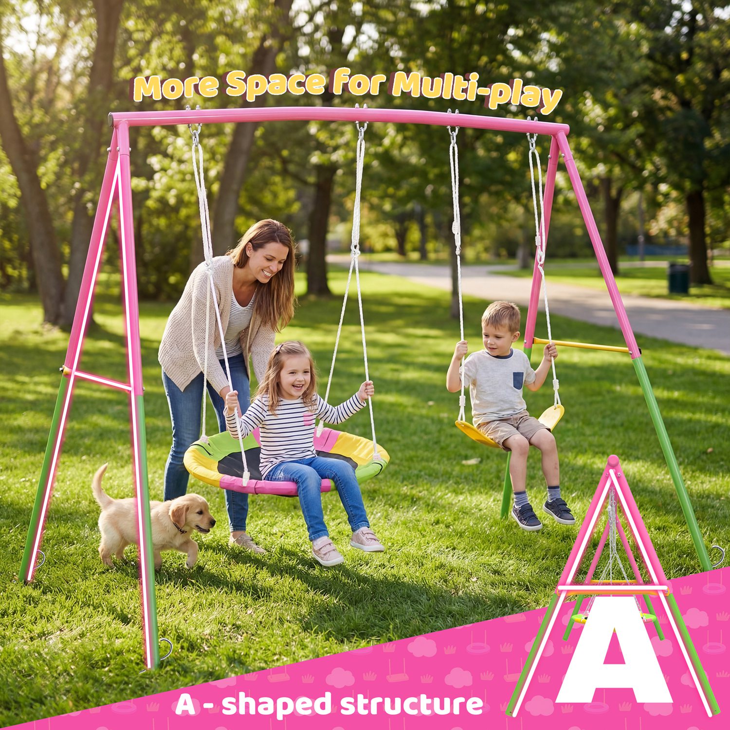 Swing Set for Backyard, 330lbs Swing Set with Heavy-Duty A-Frame Metal Outdoor Swing Stand, 1 Saucer Swing Seat & 1 Belt Swings Seat - Image 7