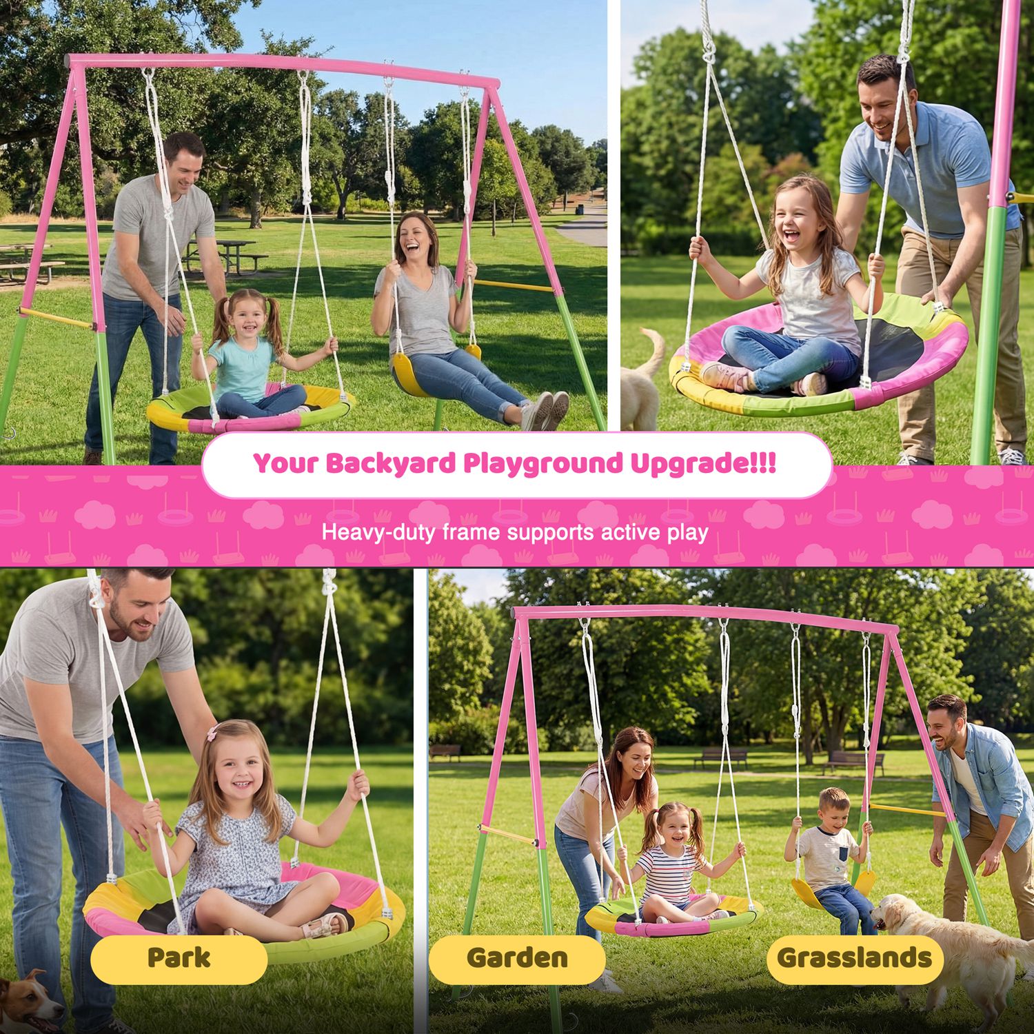 Swing Set for Backyard, 330lbs Swing Set with Heavy-Duty A-Frame Metal Outdoor Swing Stand, 1 Saucer Swing Seat & 1 Belt Swings Seat - Image 8