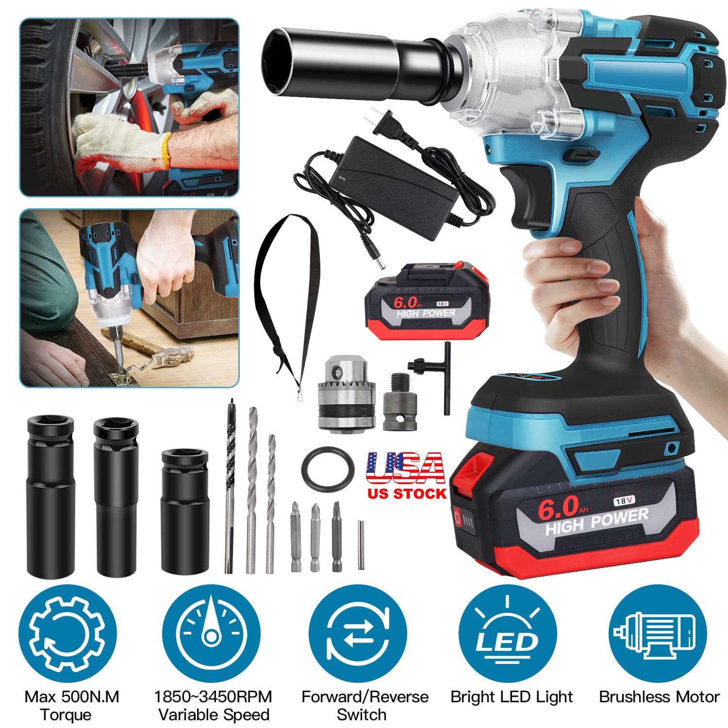 3-In-1 Cordless Electric Impact Wrench Drill Screwdriver with Brushless Motor Max 3450RPM Variable Speed 2Pcs 6.0Ah Batteries 3 Sockets 3 Screwdriver - Image 7