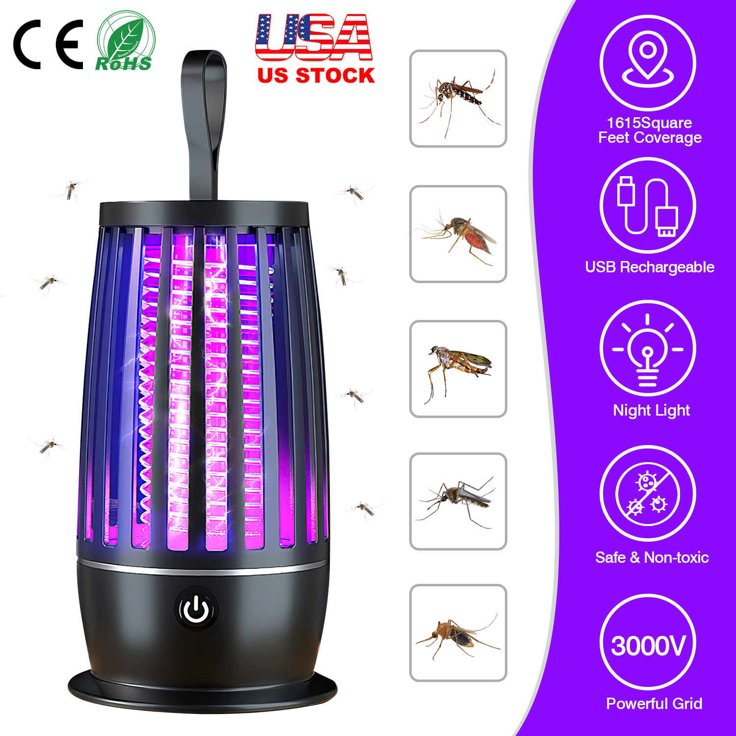 Rechargeable Mosquito Killer Lamp Bug Zapper with Night Light Strap Mosquito Catcher with Max 1615Square Feet Range UV Light for Indoor Outdoor - Image 10