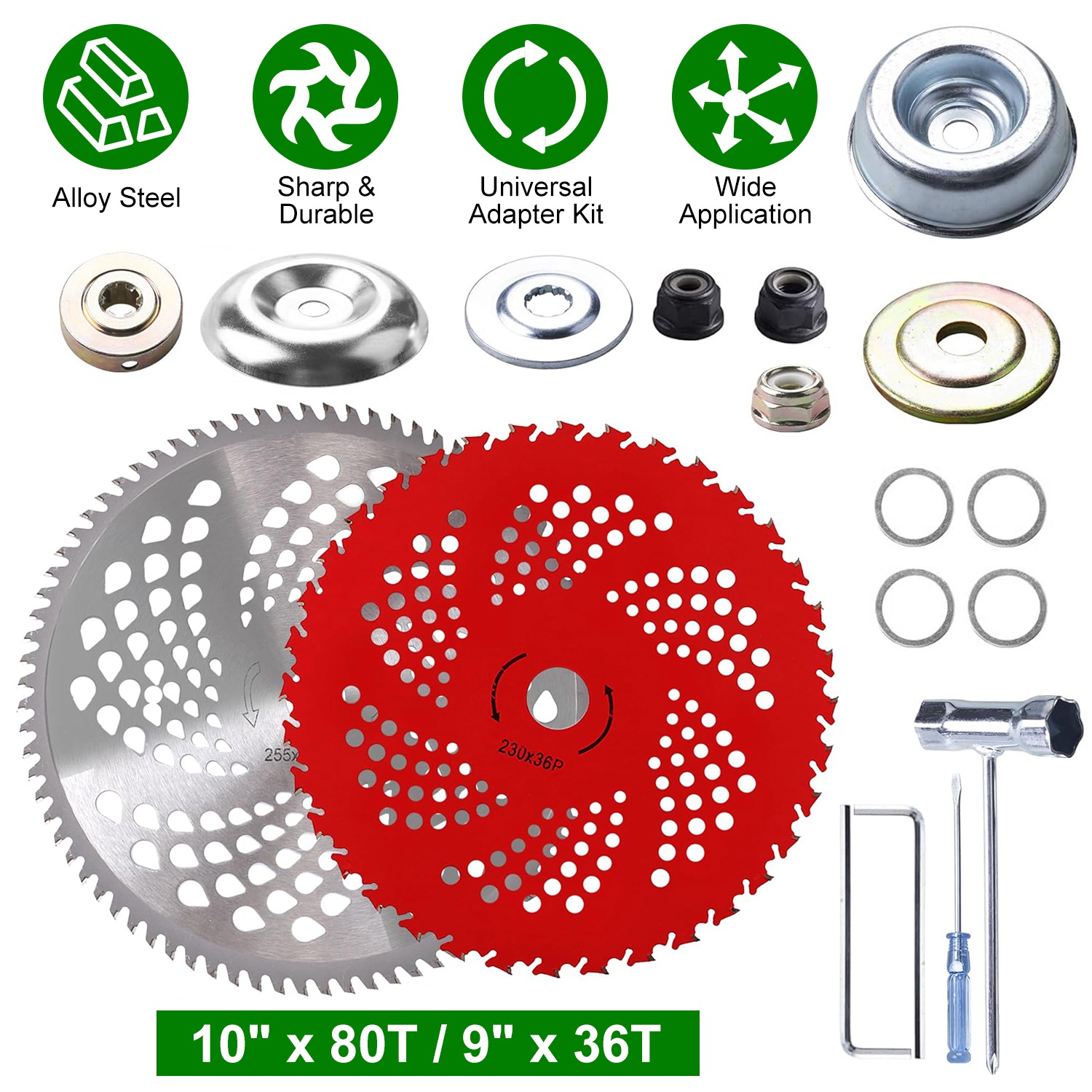 10" x 80T 9" x 36T Carbide Tip Brush Cutter Blades with Universal Adapter Kit Alloy Steel Blades Compatible with Brush Cutter Trimmer Weed Eater - Image 2