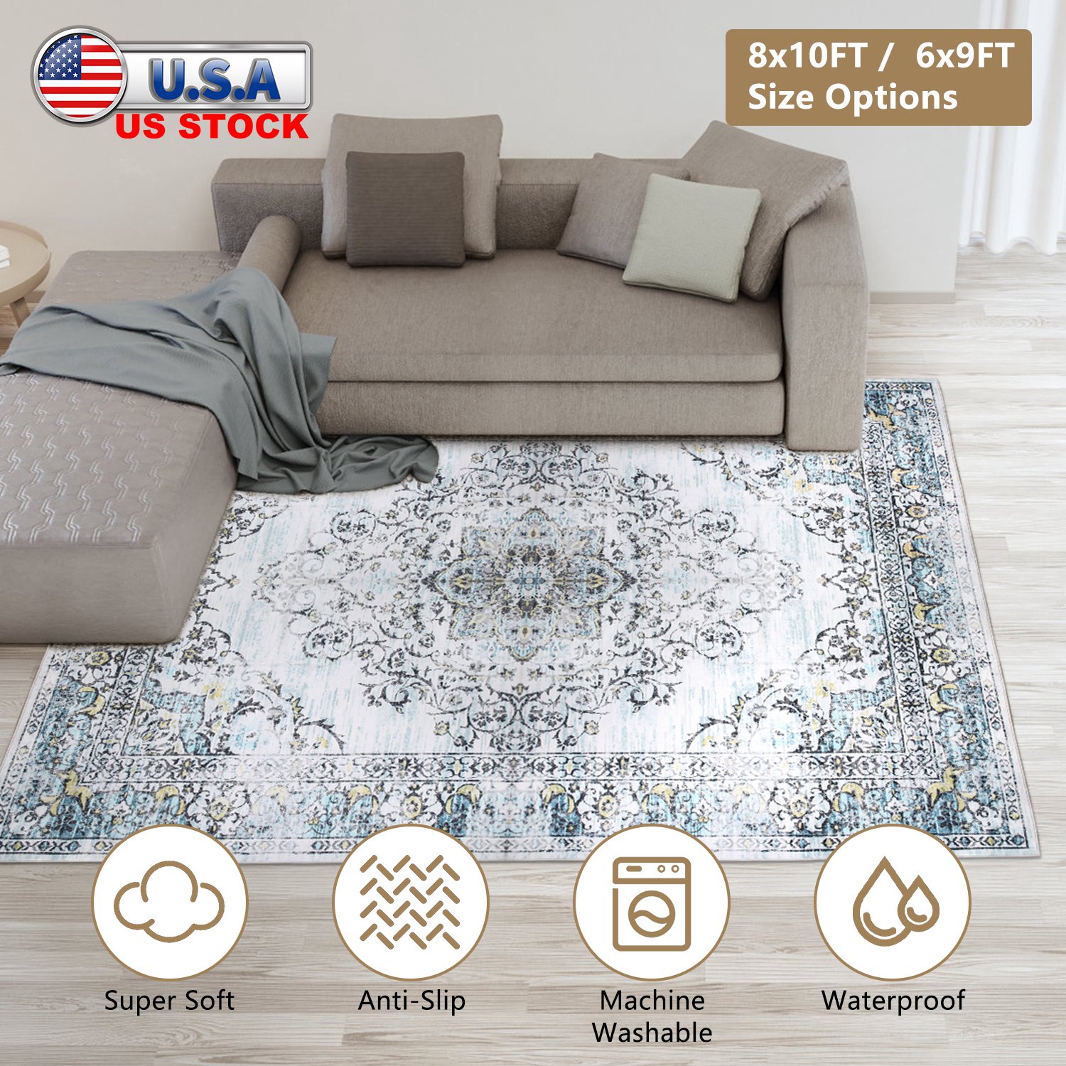6x9FT Vintage Area Rug Modern Non Slip Carpet Boho Low Pile Soft Rug Waterproof Machine Washable Rug for Living Room Bedroom Kitchen Dining Room Under - Image 8