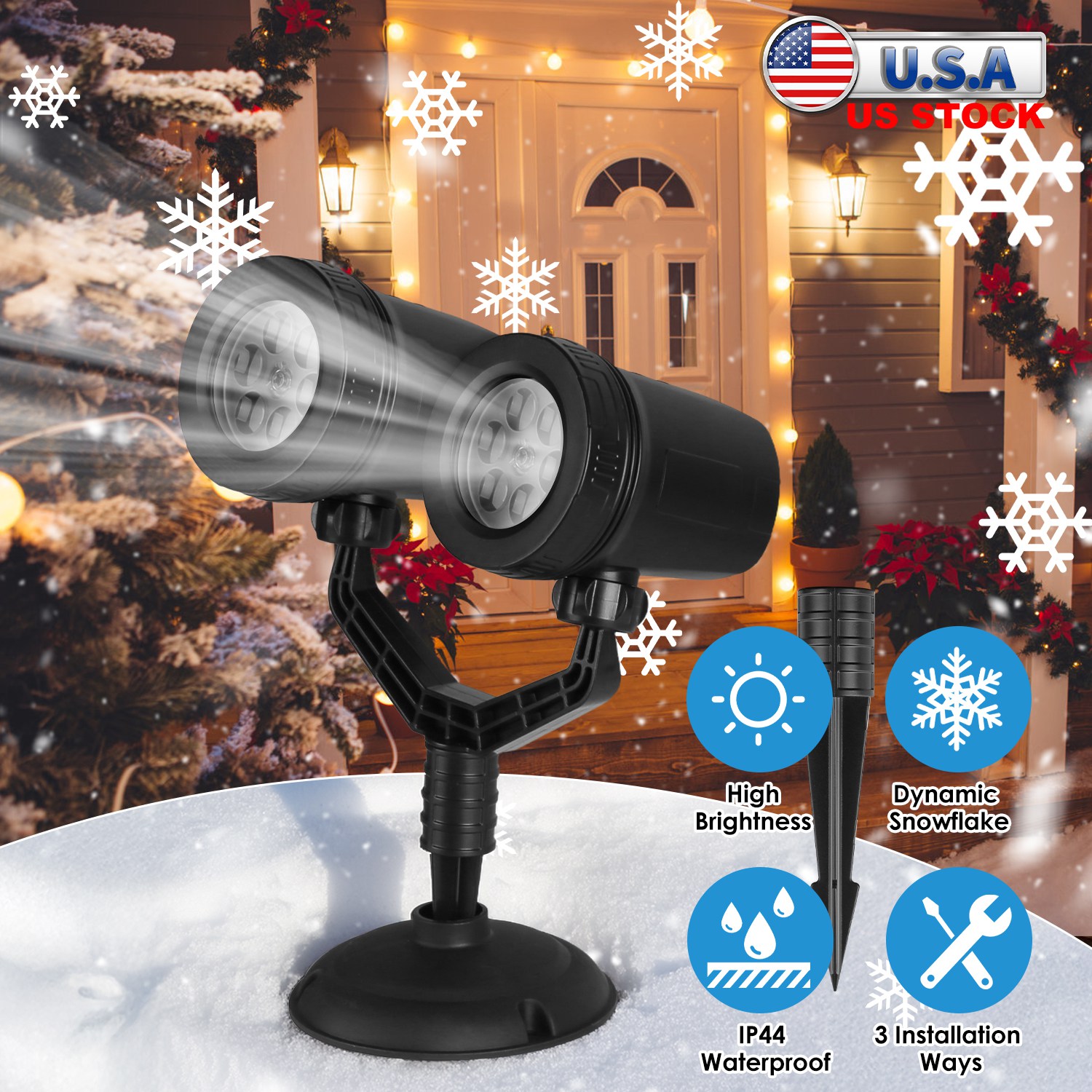 Christmas Snowflake Projector Light Dual-Head LED Stake Light IP44 Waterproof Xmas Decoration For Holiday Indoor Outdoor Use Garden Patio Wall Decor - Image 6