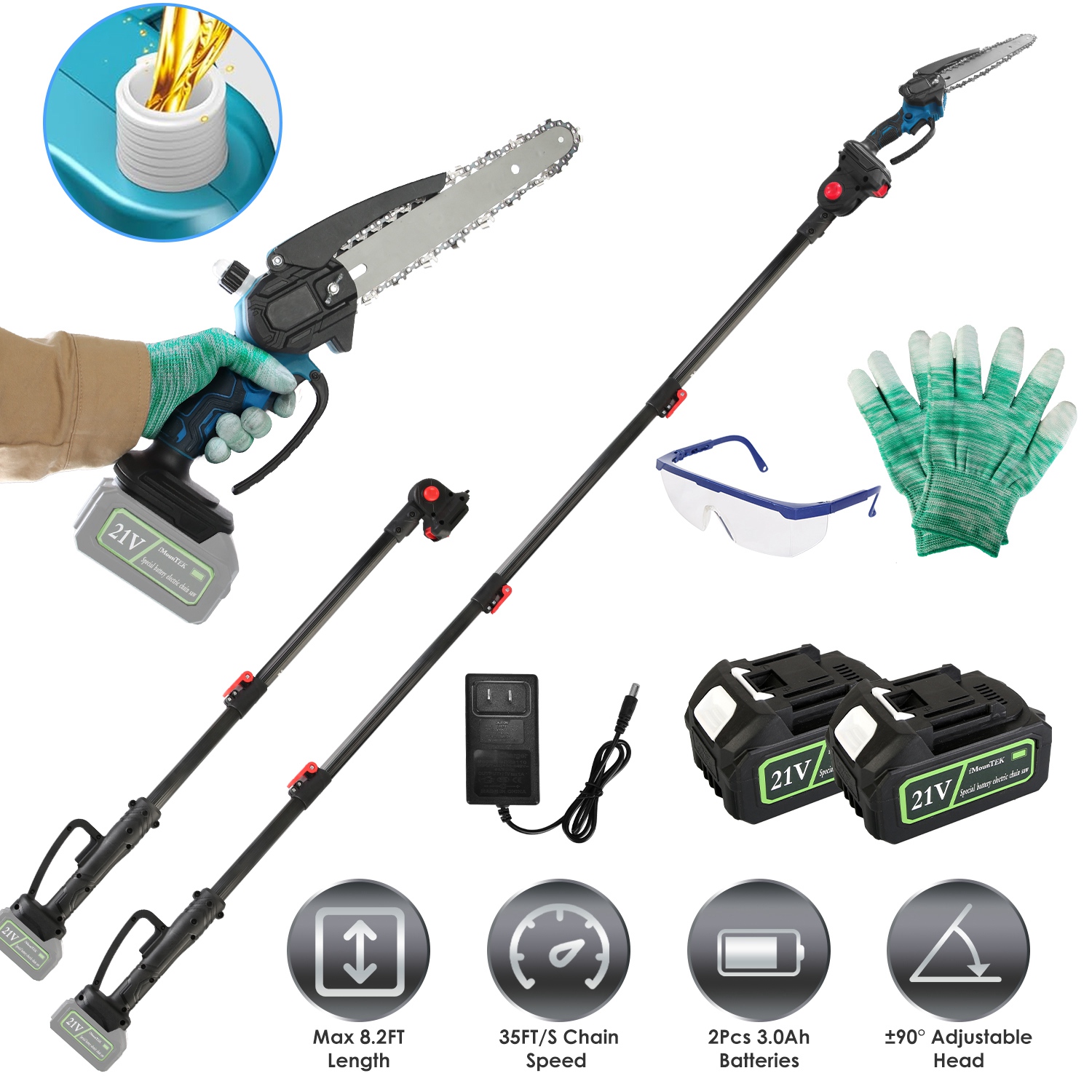 2-In-1 8” Cordless Electric Pole Saw and Mini Chainsaw with Extension Poles 2Pcs 21V 3.0Ah Batteries Adjustable Length Chain Saw With Auto Oiler Safet - Image 7