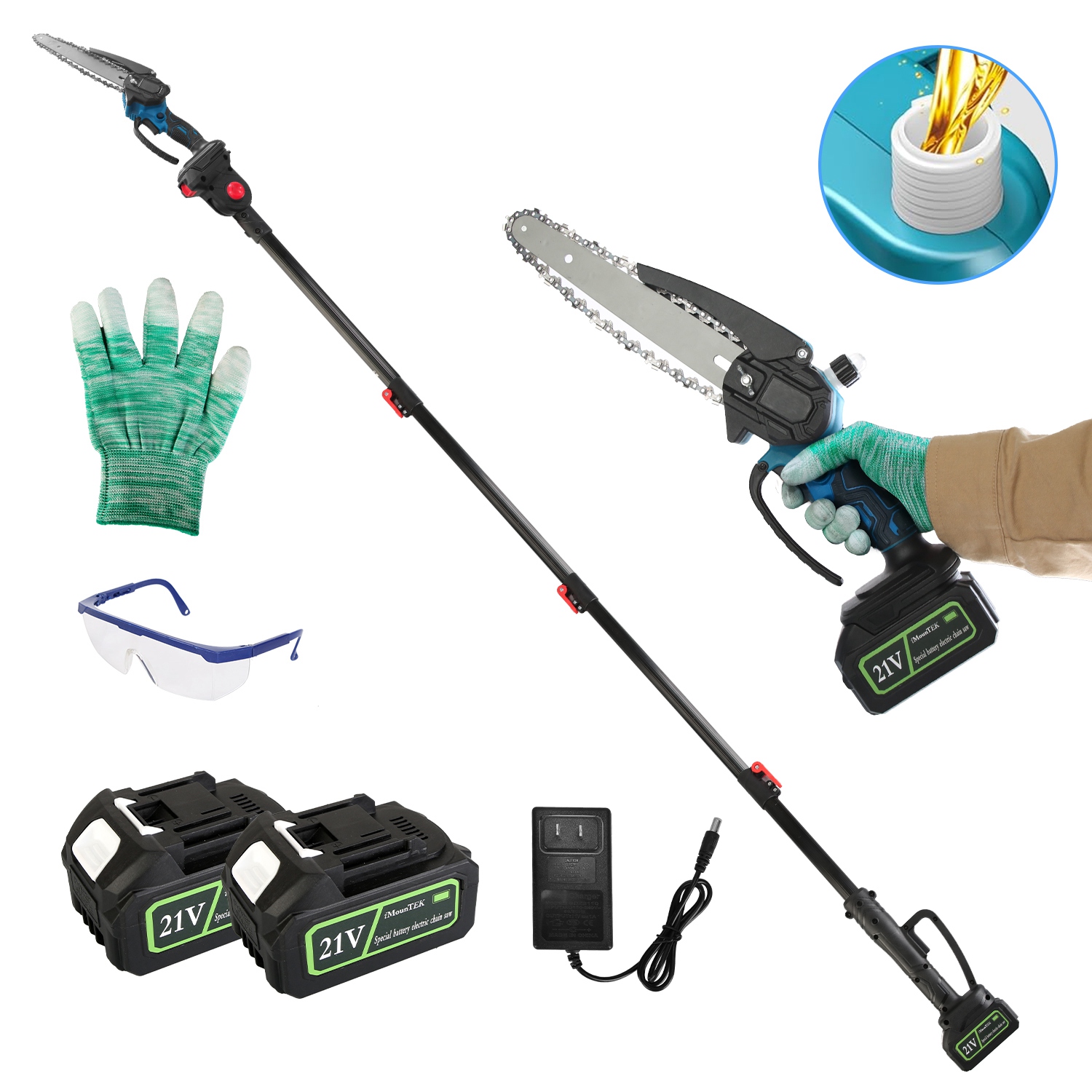 2-In-1 8” Cordless Electric Pole Saw and Mini Chainsaw with Extension Poles 2Pcs 21V 3.0Ah Batteries Adjustable Length Chain Saw With Auto Oiler Safet - Image 2