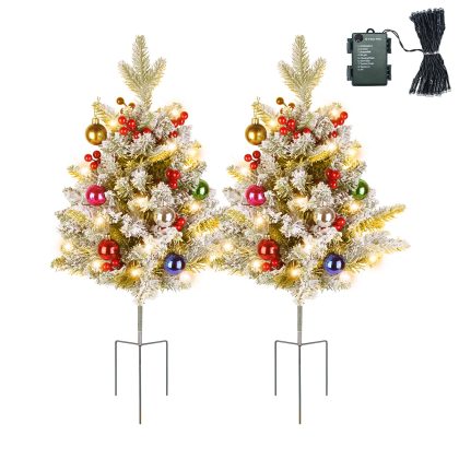 2Pcs Battery Powered Lighted Christmas Tree Urn Filler With Light Artificial Xmas Trees Light with Berries Balls LED Pathway Pine Tree IP44 Waterproof