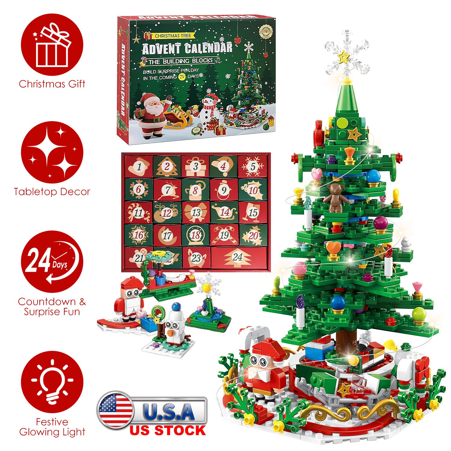 2025 Christmas Tree Building Set With LED Light Tabletop Christmas Building Block 24 Days Christmas Countdown Calendar for Boys Girls 3-6 - Image 5