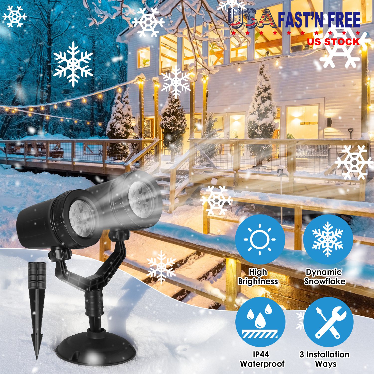 Christmas Snowflake Projector Light Dual-Head LED Stake Light IP44 Waterproof Xmas Decoration For Holiday Indoor Outdoor Use Garden Patio Wall Decor - Image 4