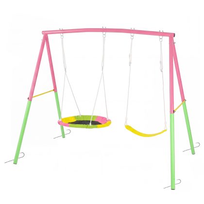 Swing Set for Backyard, 330lbs Swing Set with Heavy-Duty A-Frame Metal Outdoor Swing Stand, 1 Saucer Swing Seat & 1 Belt Swings Seat
