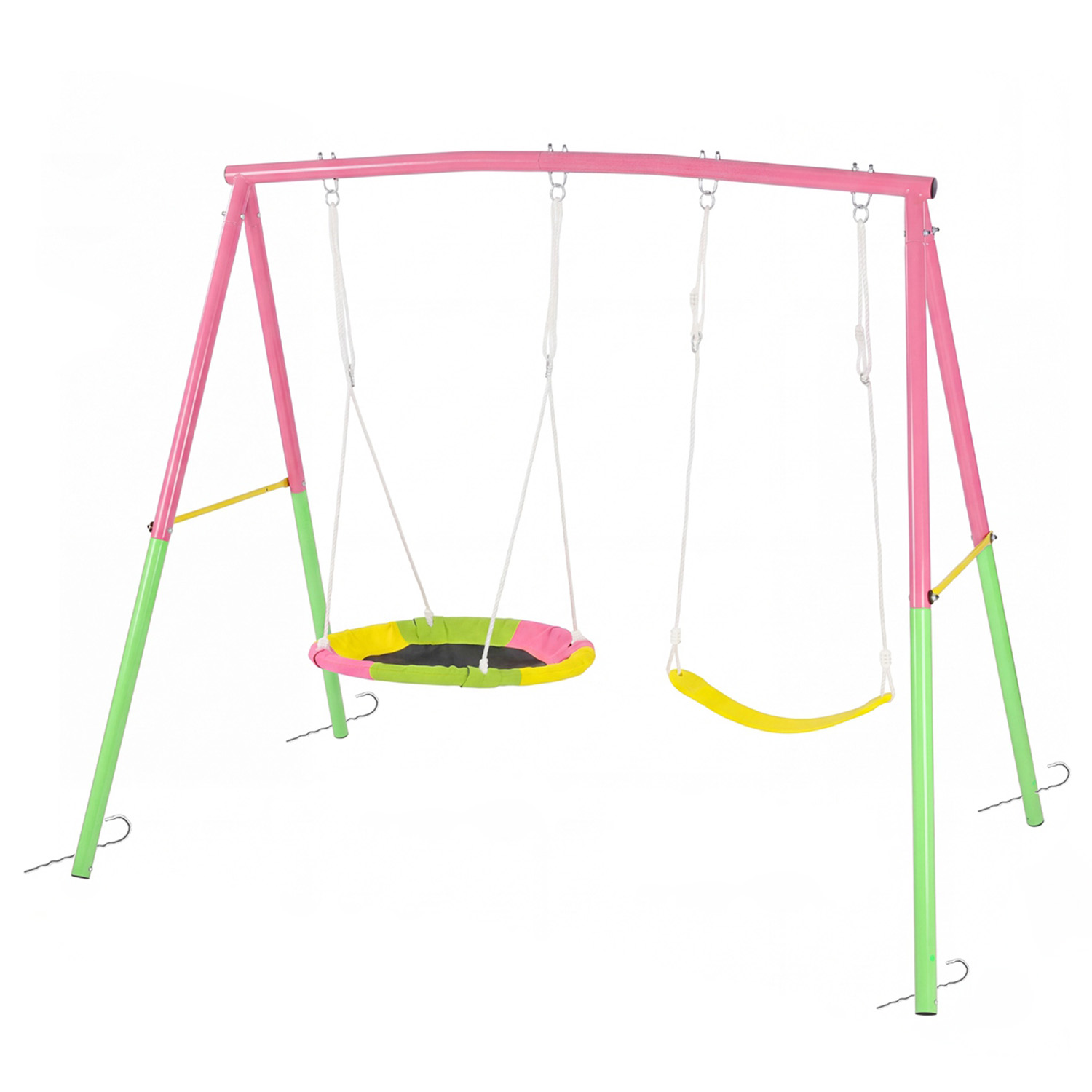 Swing Set for Backyard, 330lbs Swing Set with Heavy-Duty A-Frame Metal Outdoor Swing Stand, 1 Saucer Swing Seat & 1 Belt Swings Seat
