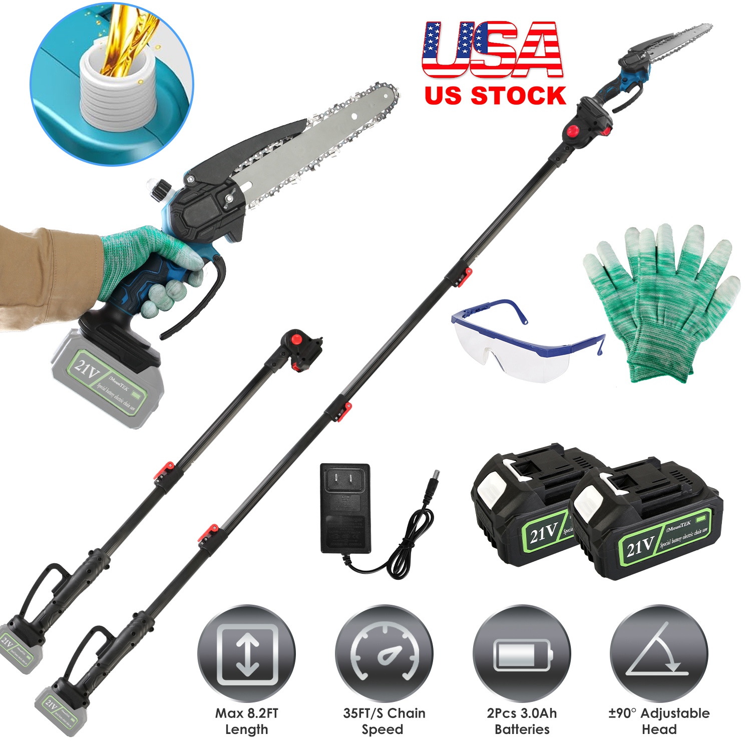 2-In-1 8” Cordless Electric Pole Saw and Mini Chainsaw with Extension Poles 2Pcs 21V 3.0Ah Batteries Adjustable Length Chain Saw With Auto Oiler Safet - Image 6