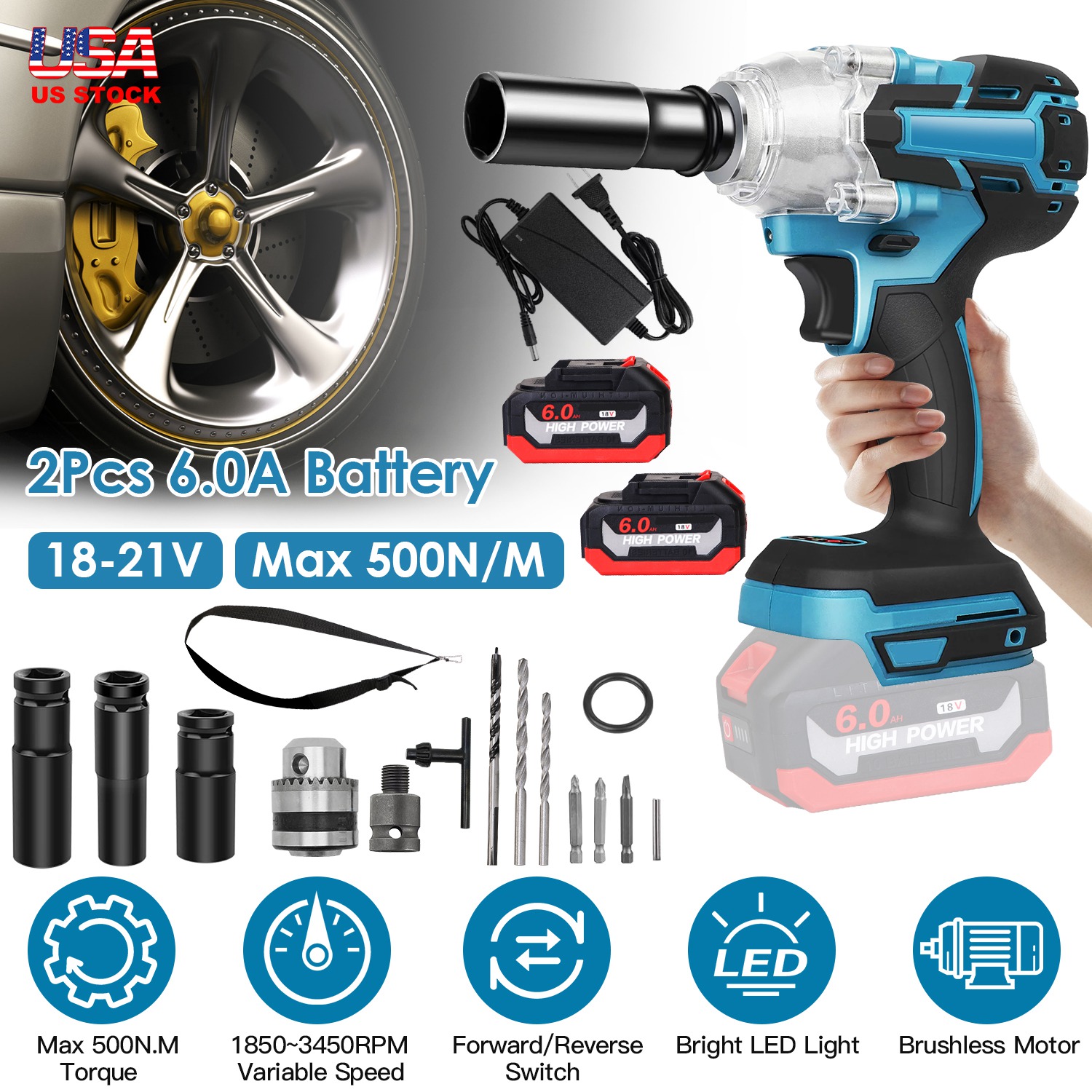 3-In-1 Cordless Electric Impact Wrench Drill Screwdriver with Brushless Motor Max 3450RPM Variable Speed 2Pcs 6.0Ah Batteries 3 Sockets 3 Screwdriver - Image 6