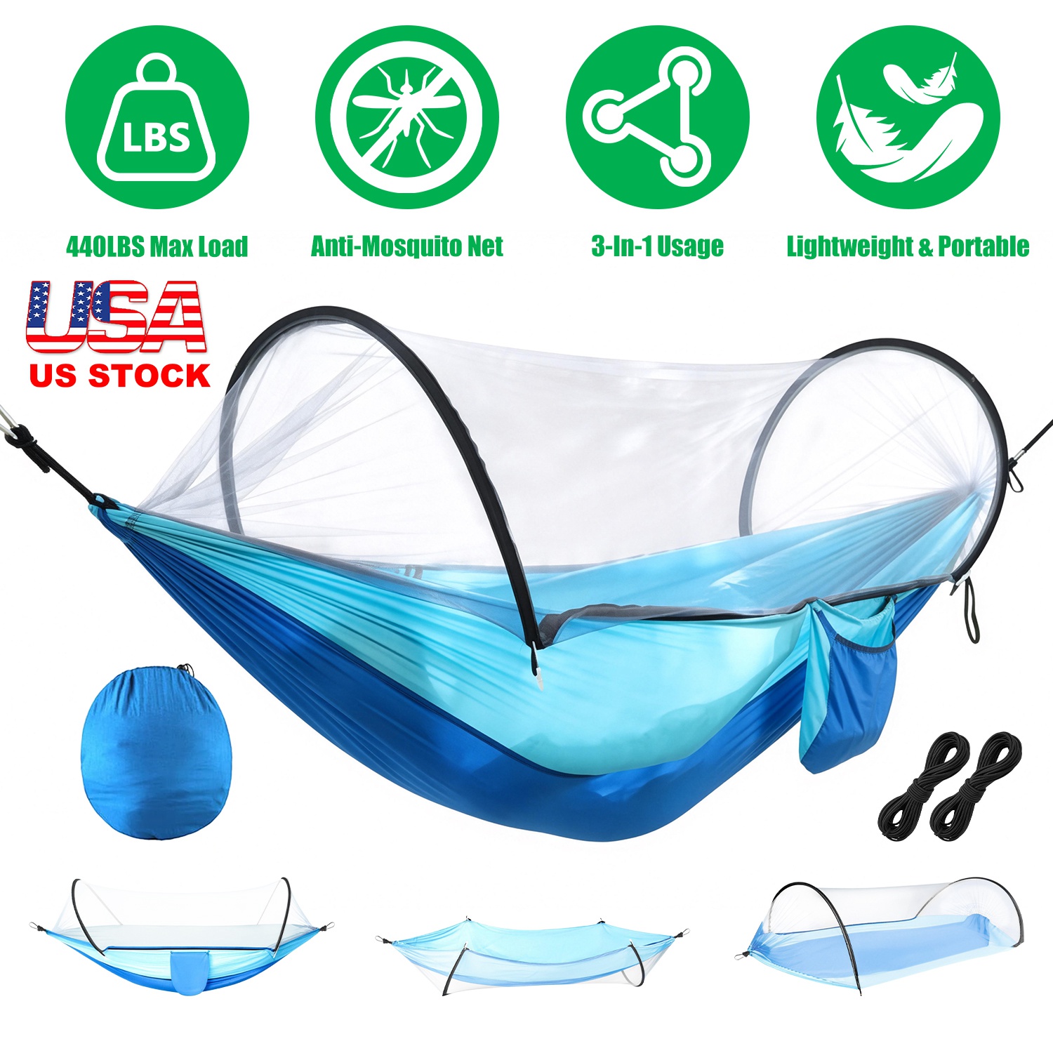Camping Hammock with Mosquito Net 3-in-1 Portable Hammock Tent with Built In Mosquito Net Dual-Way Zippers 440lbs Capacity Attached Storage Pocket for - Image 4