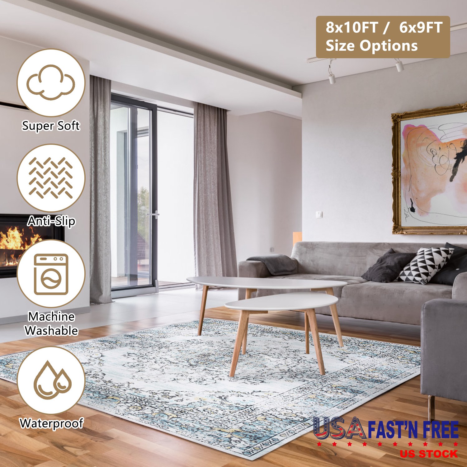 6x9FT Vintage Area Rug Modern Non Slip Carpet Boho Low Pile Soft Rug Waterproof Machine Washable Rug for Living Room Bedroom Kitchen Dining Room Under - Image 10