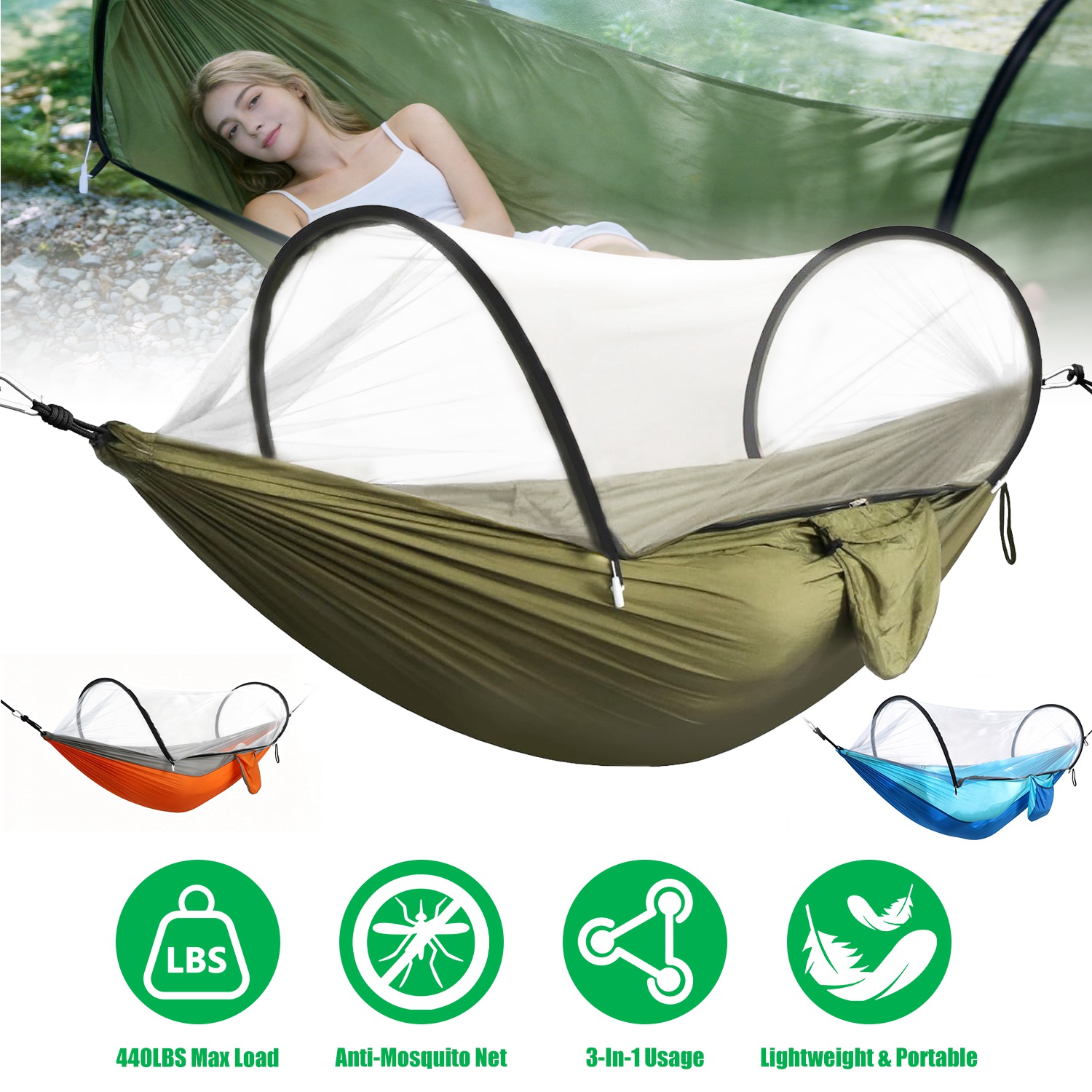 Camping Hammock with Mosquito Net 3-in-1 Portable Hammock Tent with Built In Mosquito Net Dual-Way Zippers 440lbs Capacity Attached Storage Pocket for - Image 9