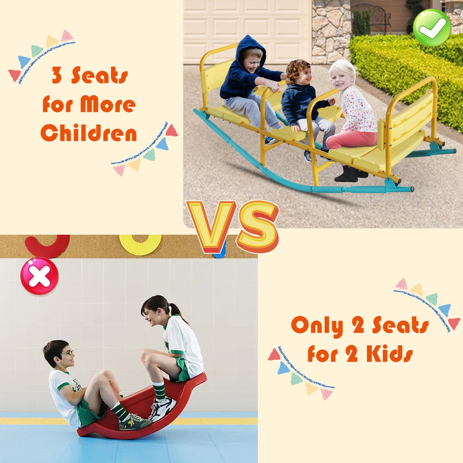 3-Seat Kids Rocking Seesaw Outdoor Playground Equipment Stainless Steel Teeter Totter with EVA Foam Cover Handles & Backrests Toddler Swing 220LBS Max - Image 3
