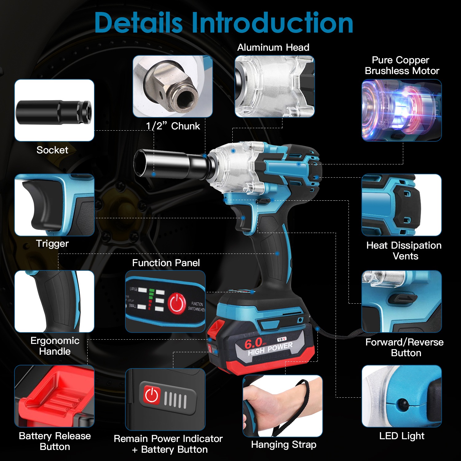 3-In-1 Cordless Electric Impact Wrench Drill Screwdriver with Brushless Motor Max 3450RPM Variable Speed 2Pcs 6.0Ah Batteries 3 Sockets 3 Screwdriver - Image 8
