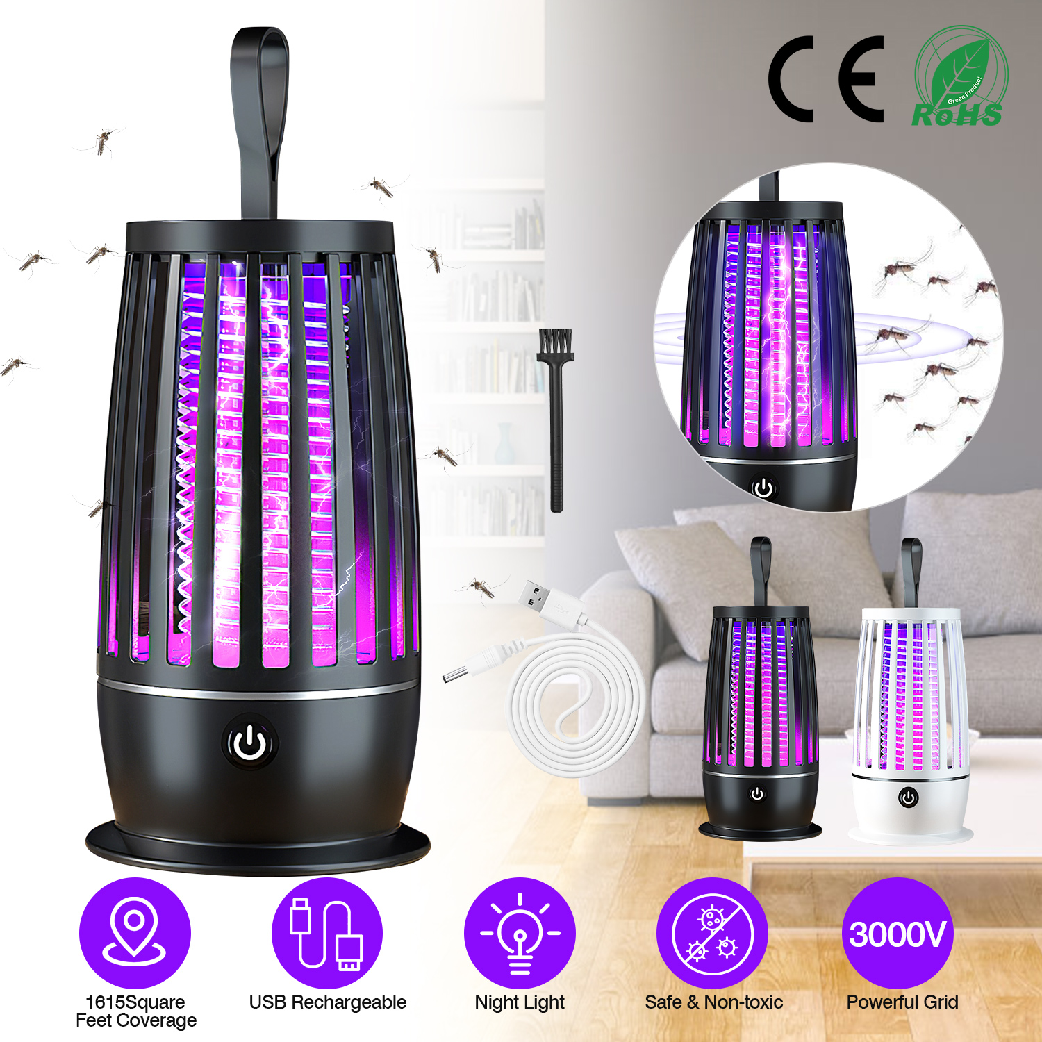 Rechargeable Mosquito Killer Lamp Bug Zapper with Night Light Strap Mosquito Catcher with Max 1615Square Feet Range UV Light for Indoor Outdoor - Image 6