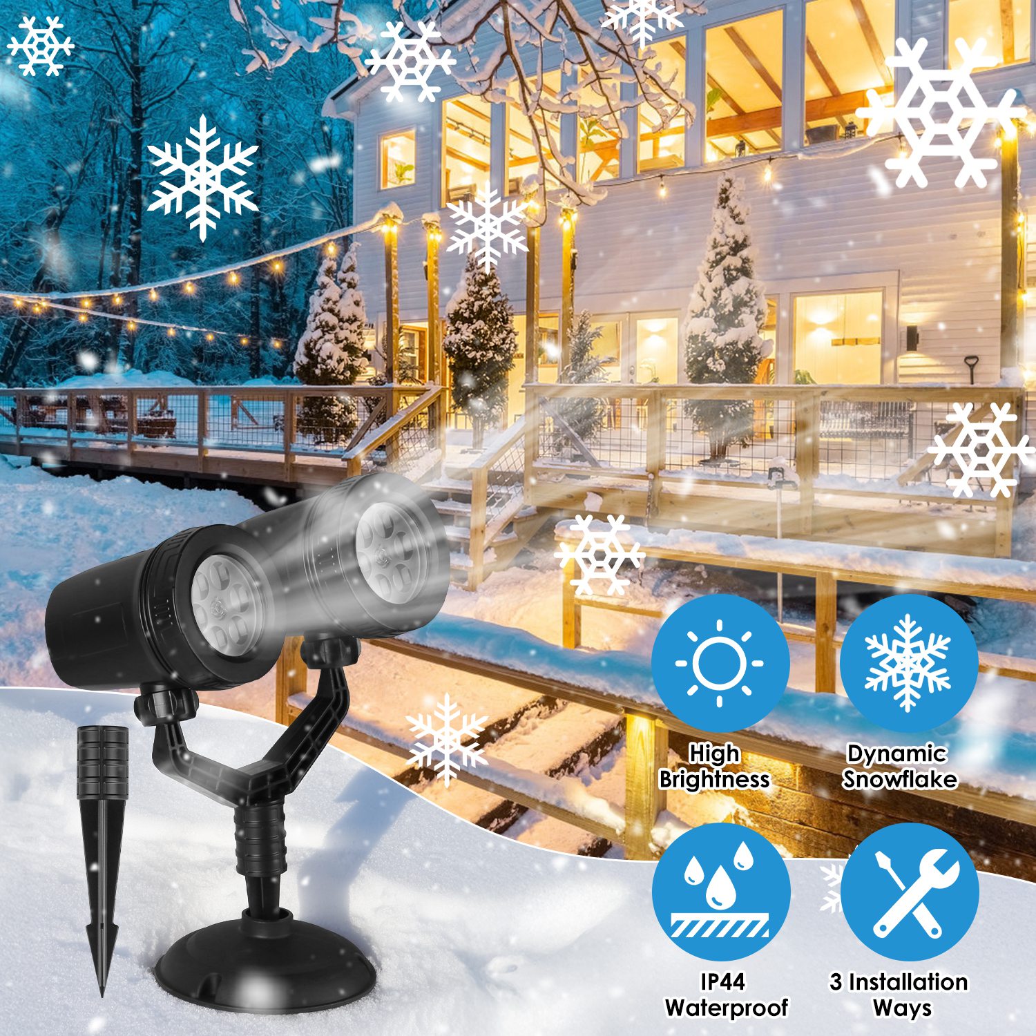 Christmas Snowflake Projector Light Dual-Head LED Stake Light IP44 Waterproof Xmas Decoration For Holiday Indoor Outdoor Use Garden Patio Wall Decor - Image 5