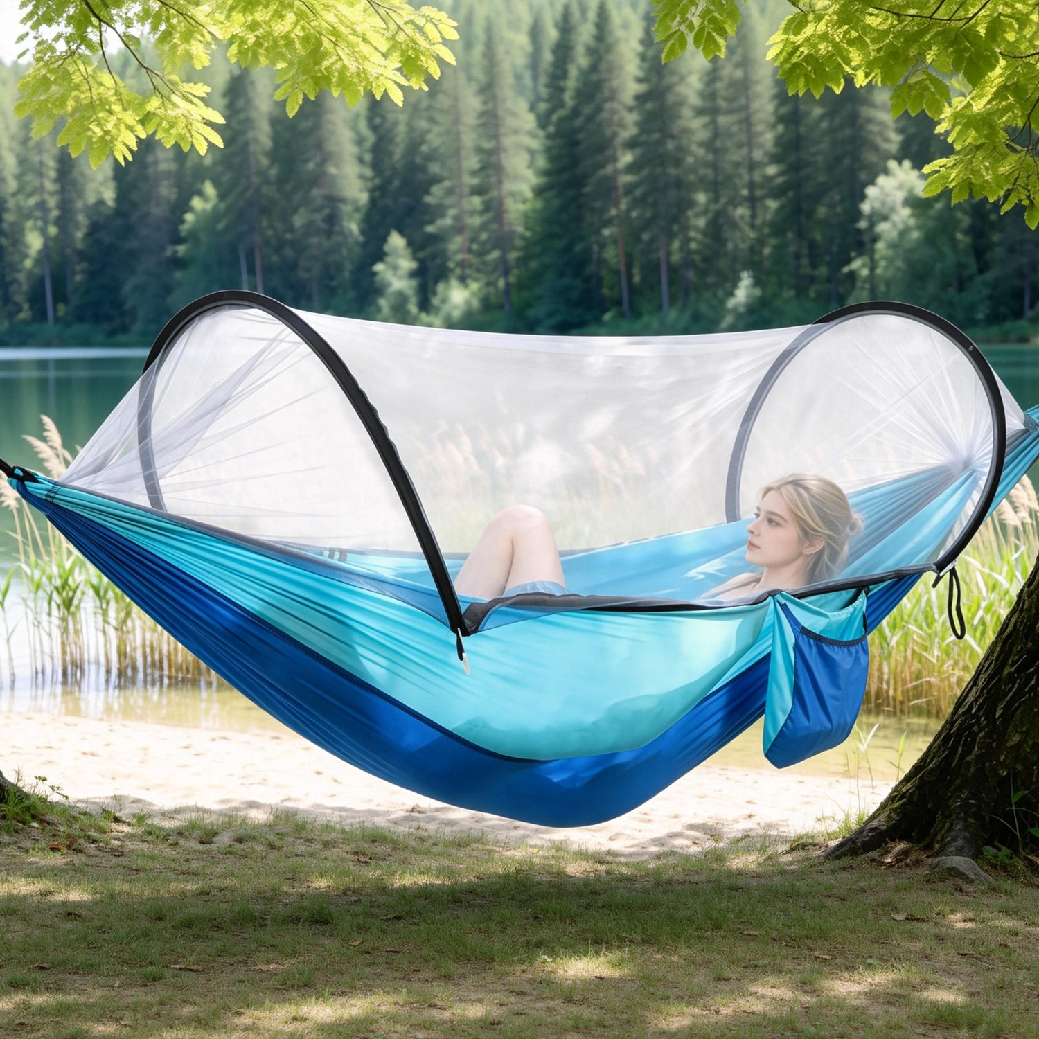 Camping Hammock with Mosquito Net 3-in-1 Portable Hammock Tent with Built In Mosquito Net Dual-Way Zippers 440lbs Capacity Attached Storage Pocket for - Image 6
