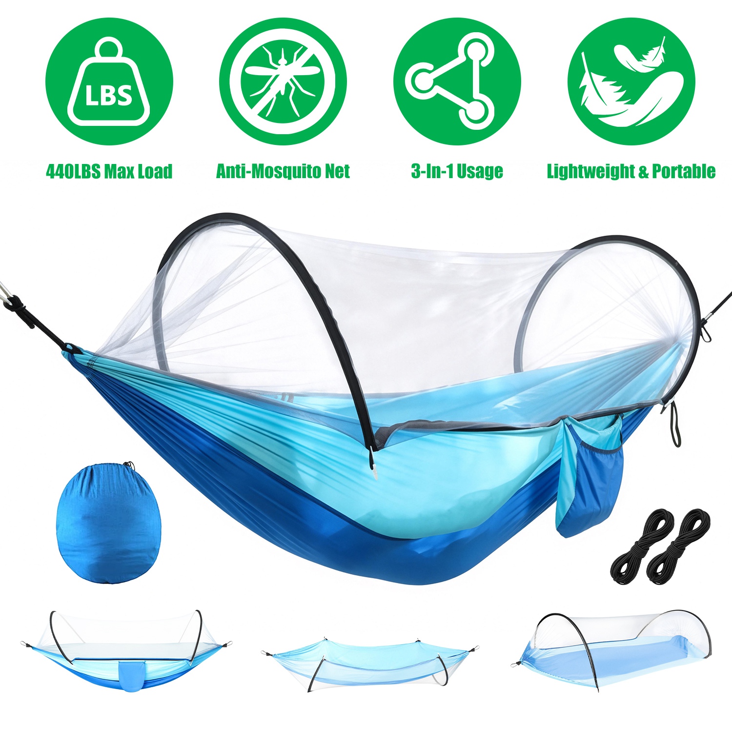 Camping Hammock with Mosquito Net 3-in-1 Portable Hammock Tent with Built In Mosquito Net Dual-Way Zippers 440lbs Capacity Attached Storage Pocket for - Image 2
