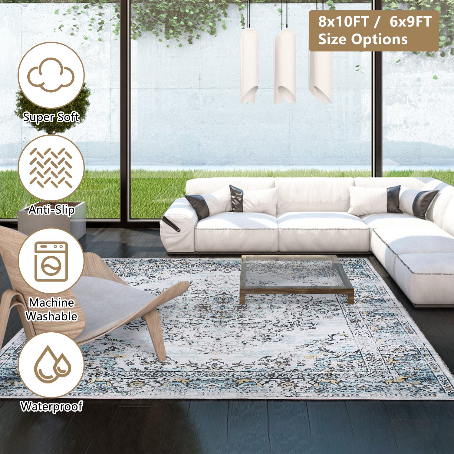 8x10FT Vintage Area Rug Modern Non Slip Carpet Boho Low Pile Soft Rug Waterproof Machine Washable Rug for Living Room Bedroom Kitchen Dining Room Unde - Image 9