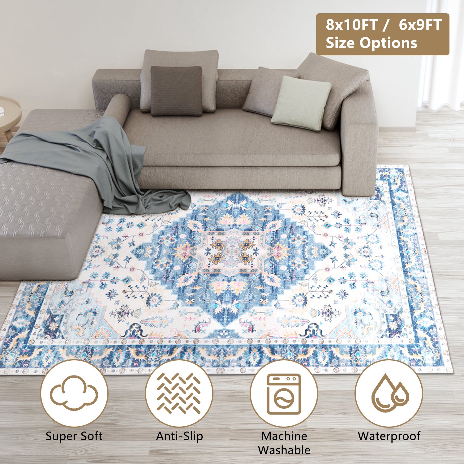 6x9FT Vintage Area Rug Modern Non Slip Carpet Boho Low Pile Soft Rug Waterproof Machine Washable Rug for Living Room Bedroom Kitchen Dining Room Under - Image 7