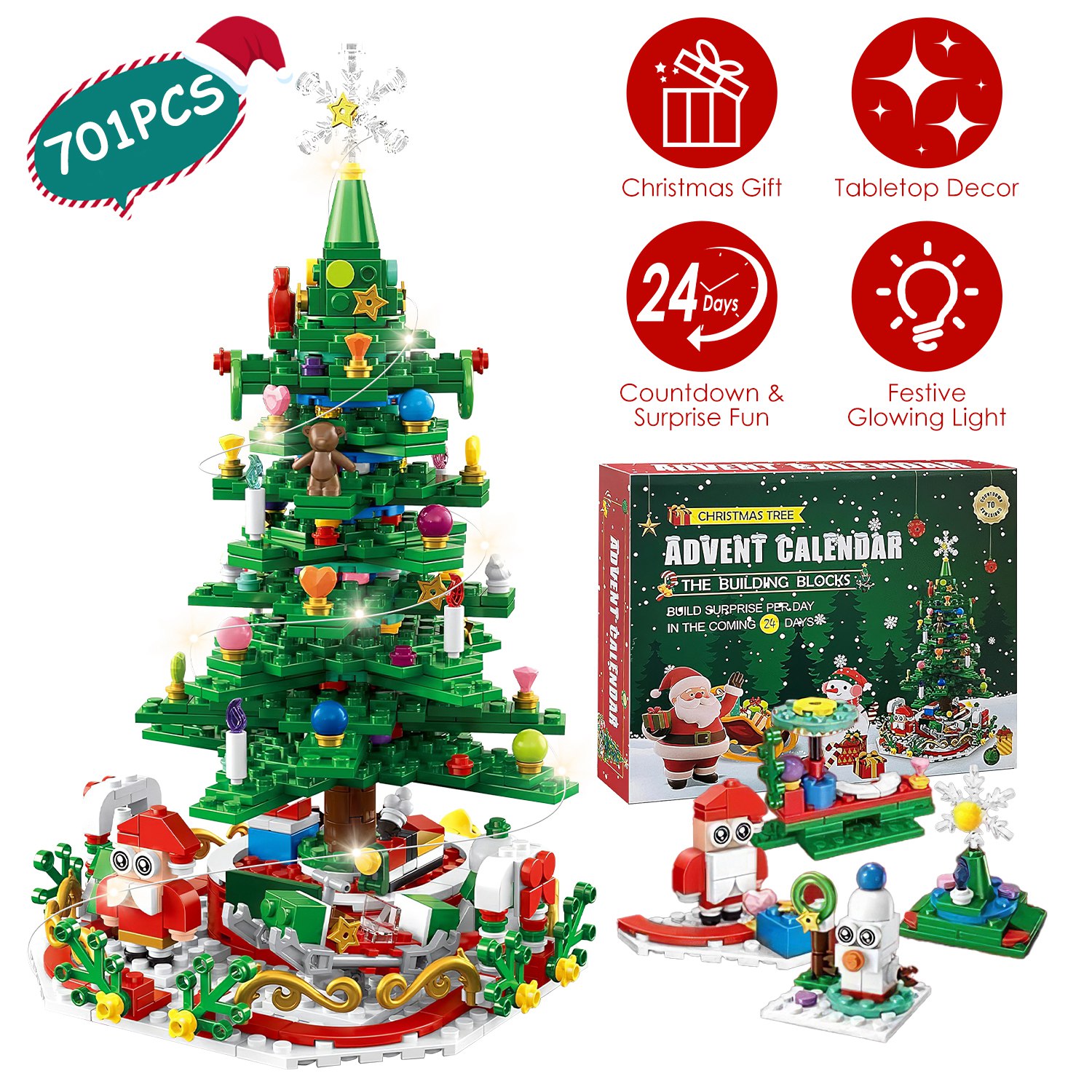 2025 Christmas Tree Building Set With LED Light Tabletop Christmas Building Block 24 Days Christmas Countdown Calendar for Boys Girls 3-6 - Image 2