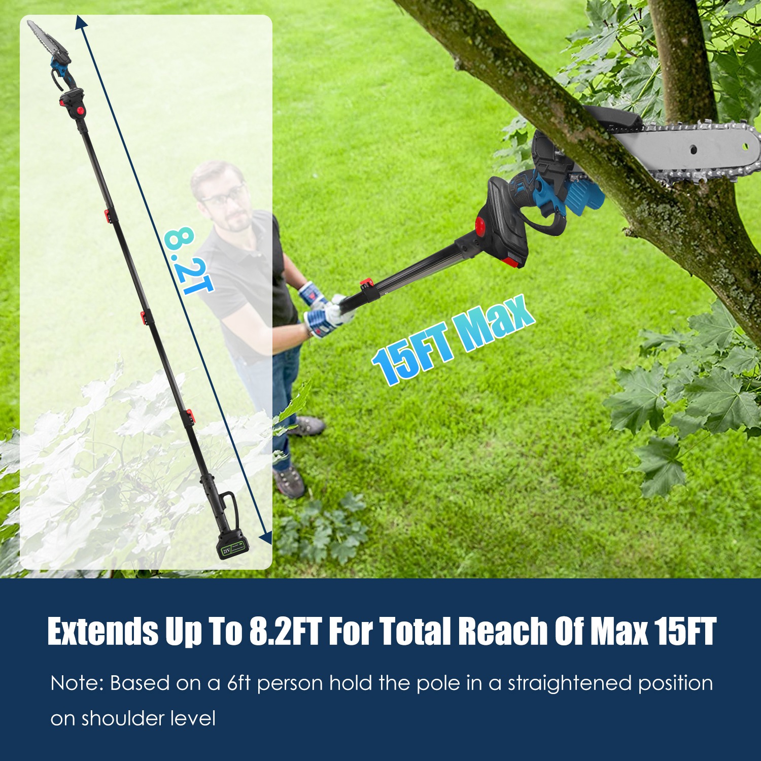 2-In-1 8” Cordless Electric Pole Saw and Mini Chainsaw with Extension Poles 2Pcs 21V 3.0Ah Batteries Adjustable Length Chain Saw With Auto Oiler Safet - Image 10